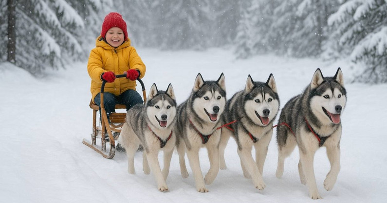 Катание на собачьей упряжке, экскурсия в питомник по программе «В гости к хаски», фотозоны, чаепитие в хаски-деревне «Дух Севера».